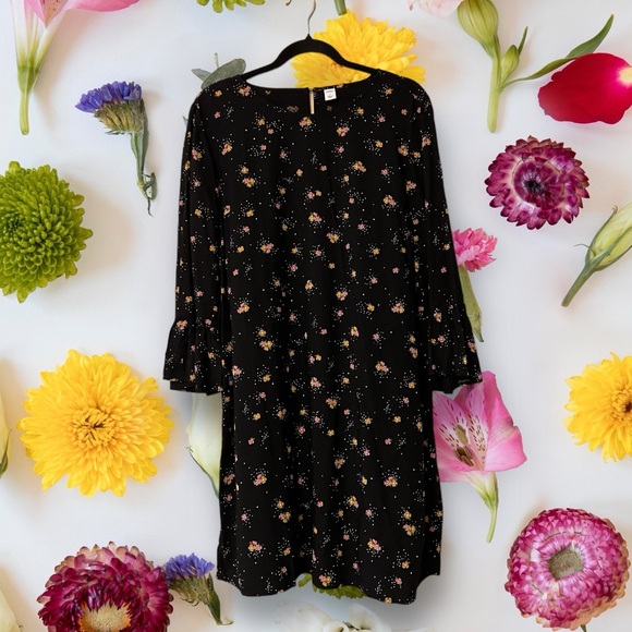 Old Navy Black Dress w/Pink & Yellow Floral Print & Tiny White Dots - Picture 5 of 15